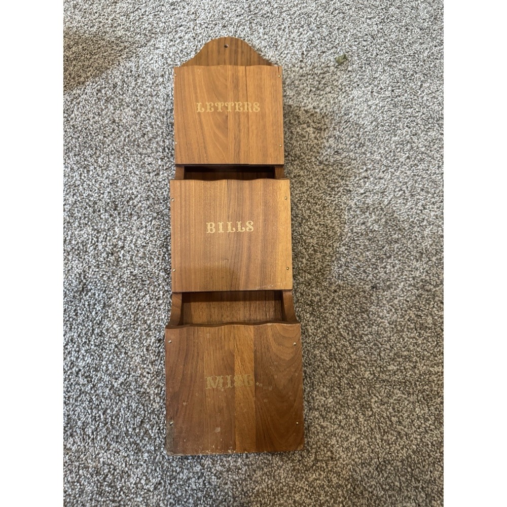 Vintage MCM Wooden 3 Tier Wall Hanging Mail Organizer Letters‎ Bills Misc-22"